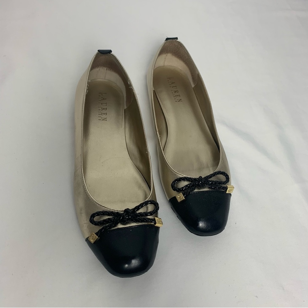 Ralph Lauren Black and Metallic Leather Women's Flats Size 8.5